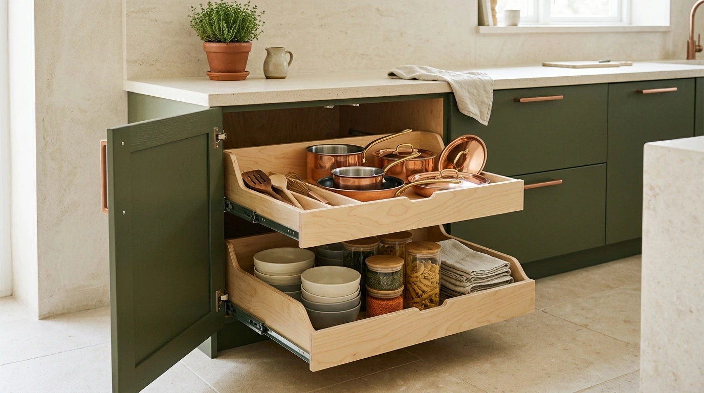 Aménagement intérieur d'un meuble bas de cuisine avec tiroirs coulissants