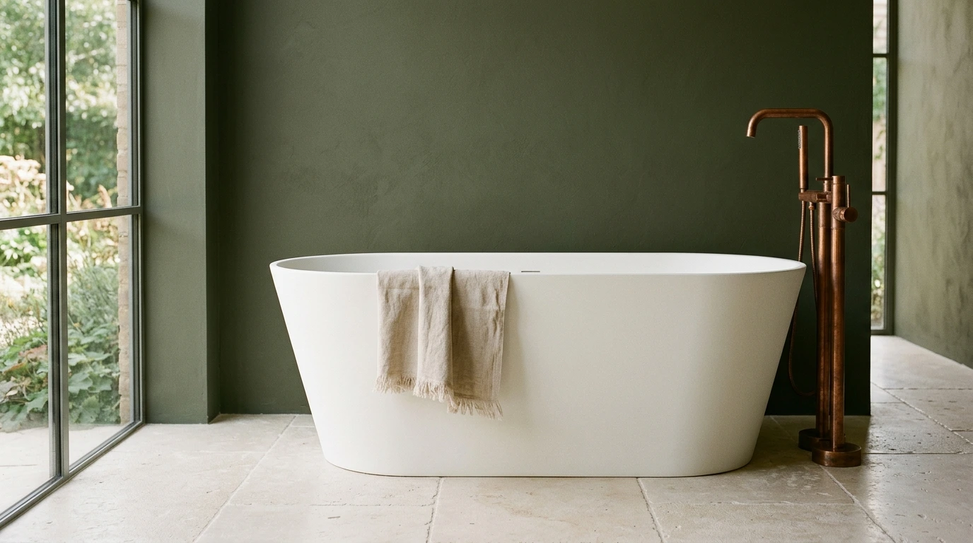 Baignoire îlot posée devant un mur en carrelage clair