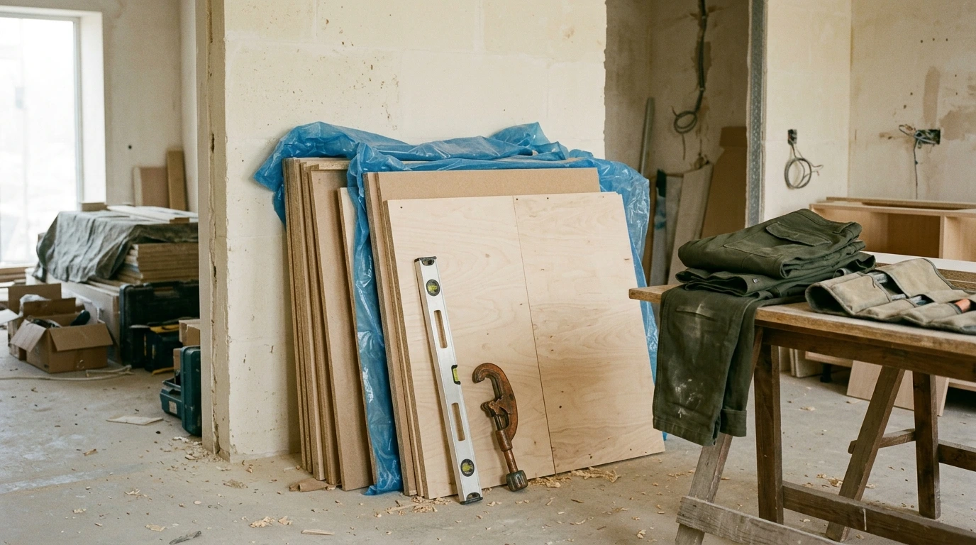 Chantier d'agencement en cours, caissons en attente de pose