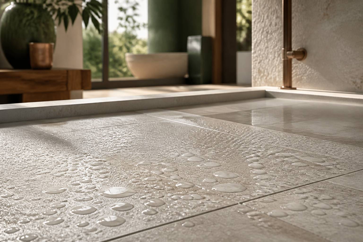 Trois carreaux antidérapants aux textures différentes avec des gouttes d'eau perlant