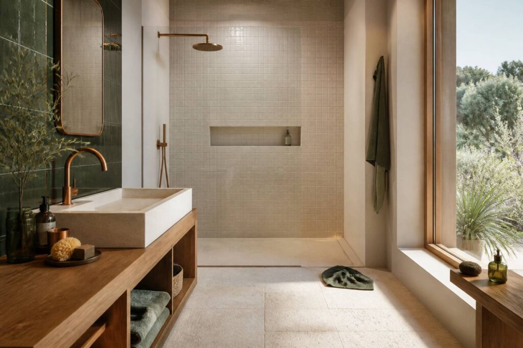 Salle de bain avec sol en carrelage antidérapant texturé et douche italienne