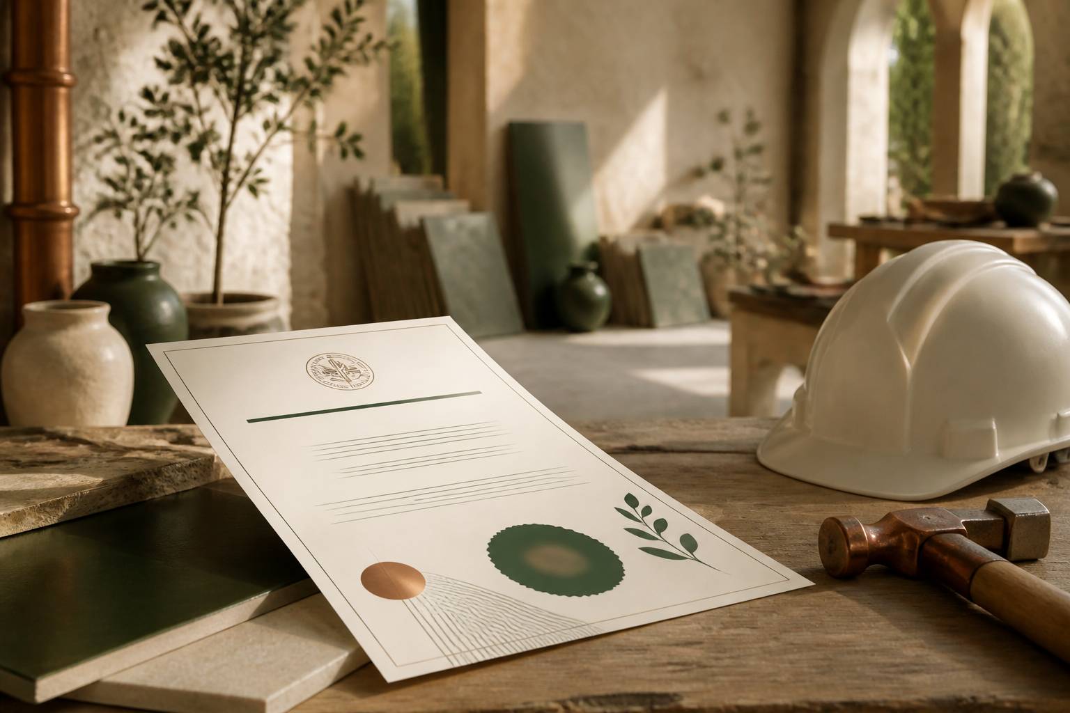 Certificat d'artisan encadré avec outillage et rouleau d'isolant sur un établi