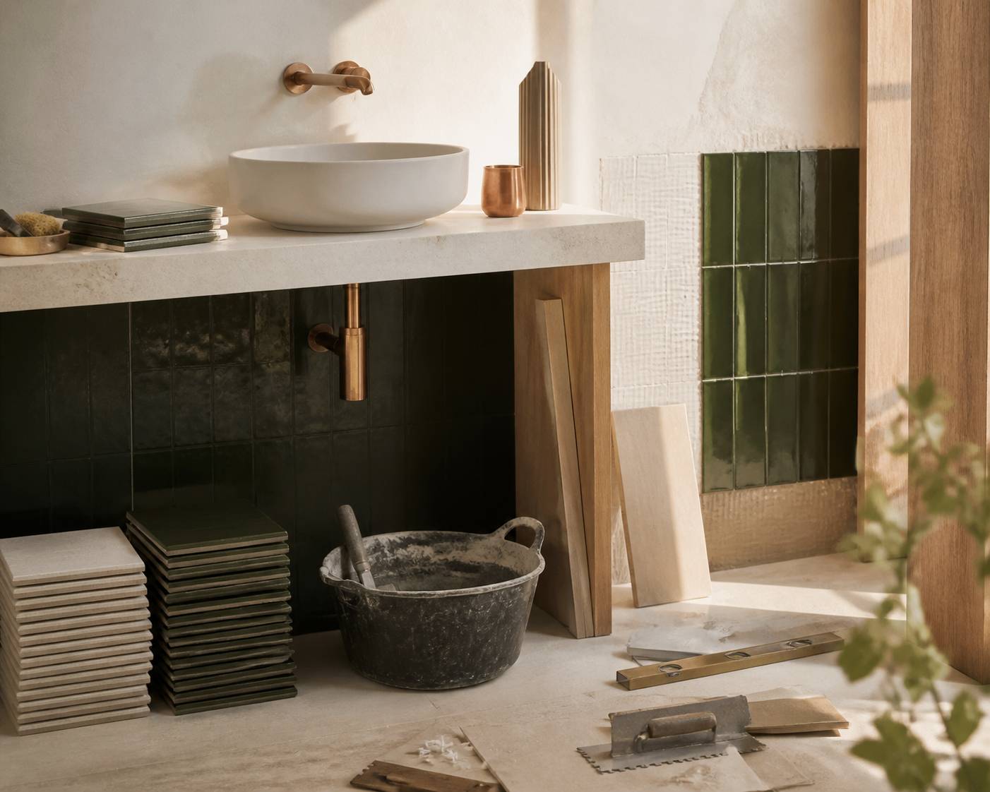 Matériaux de chantier de salle de bain avec carrelage clair et meuble vasque neuf