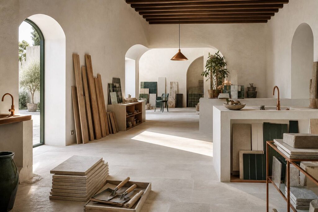 Chantier de rénovation lumineux avec bois, carrelage et outils propres