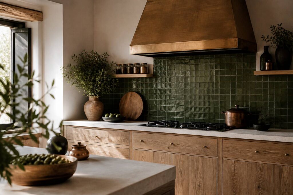Crédence en carrelage céramique clair derrière une plaque de cuisson avec hotte