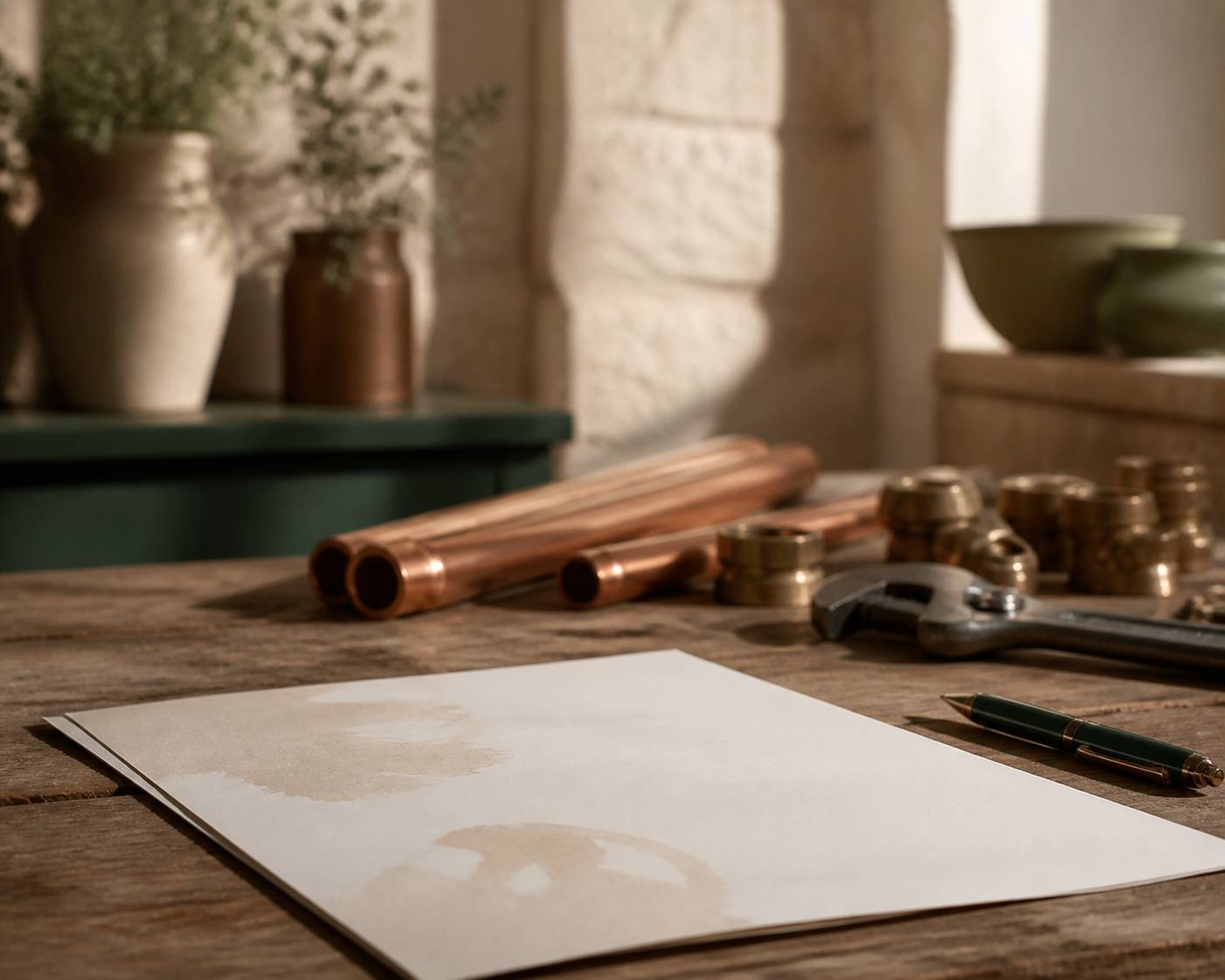 Document de devis sans texte lisible sur un bureau avec stylo et cuivre