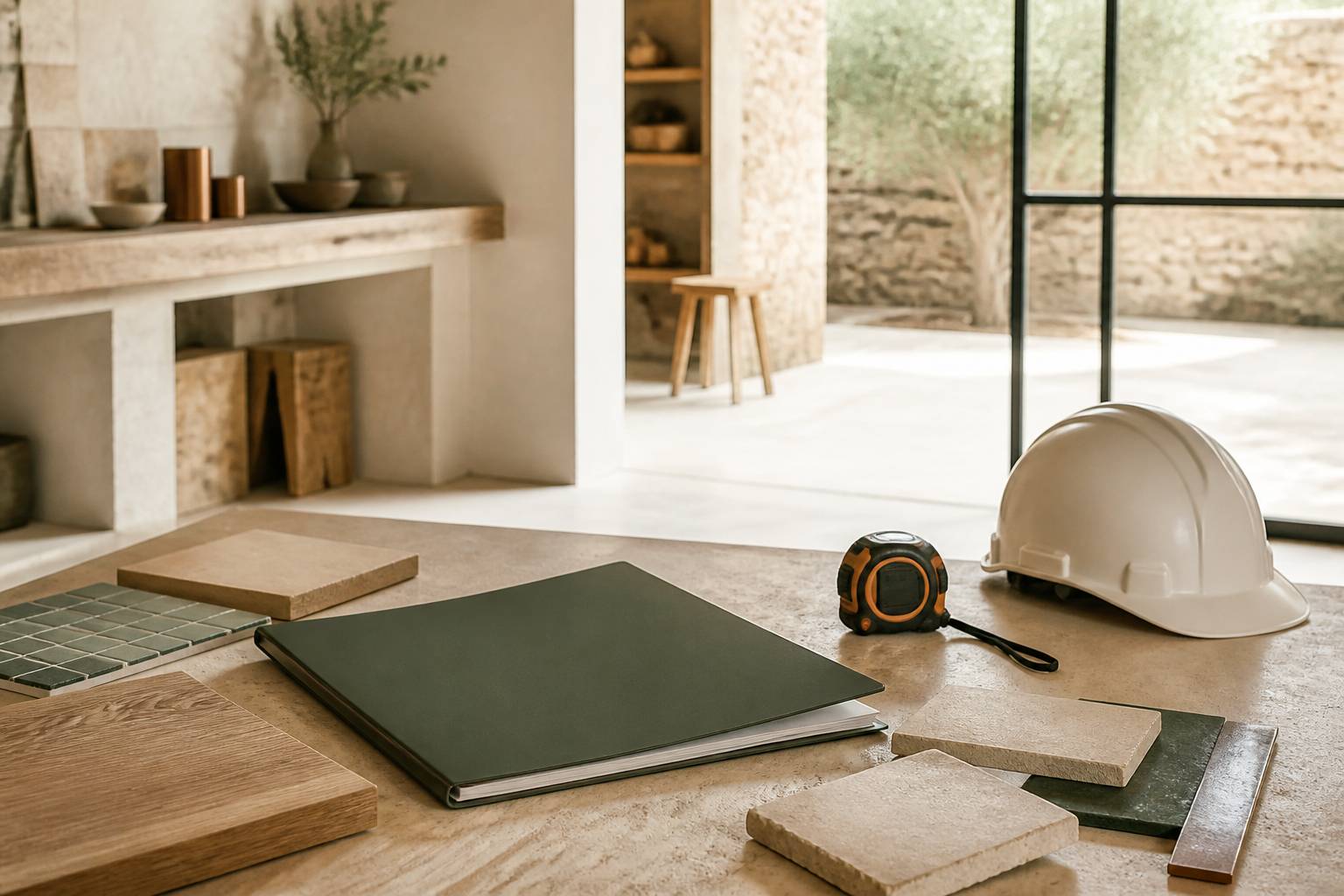 Plan de travail avec dossier de devis, casque et échantillons de matériaux