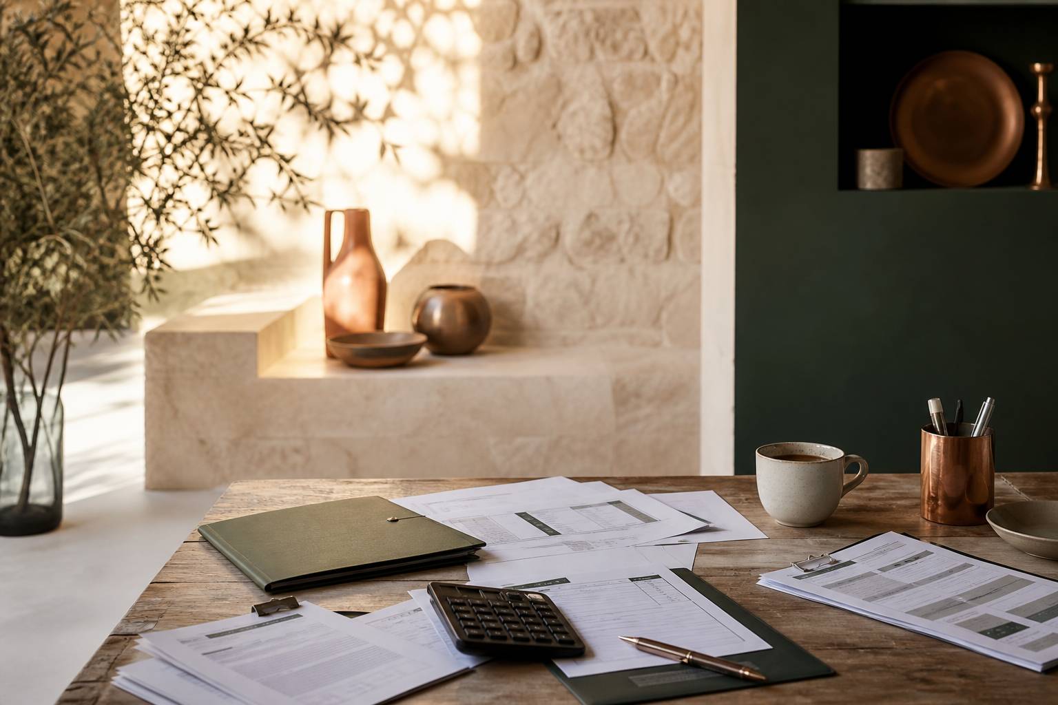 Dossier de demande d'aide à la rénovation avec documents, calculatrice et clé