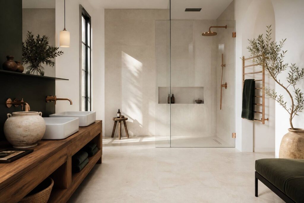 Douche italienne de plain-pied avec paroi en verre et baignoire îlot en arrière-plan