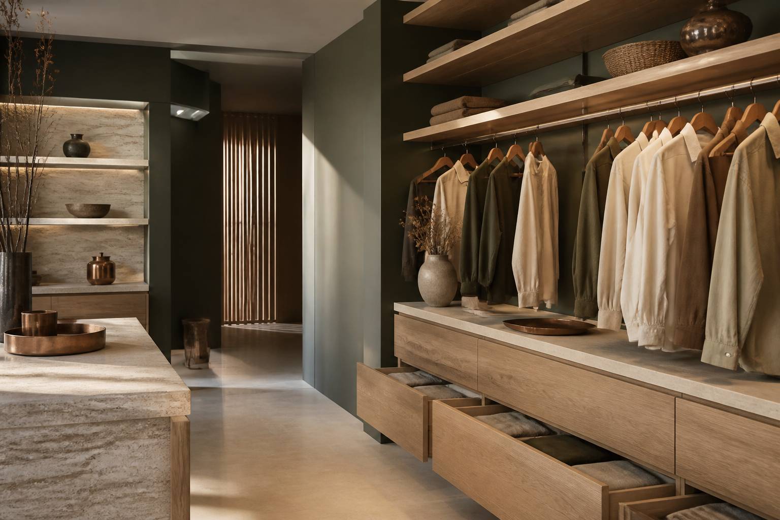 Intérieur de dressing avec penderie, étagères et tiroirs organisés
