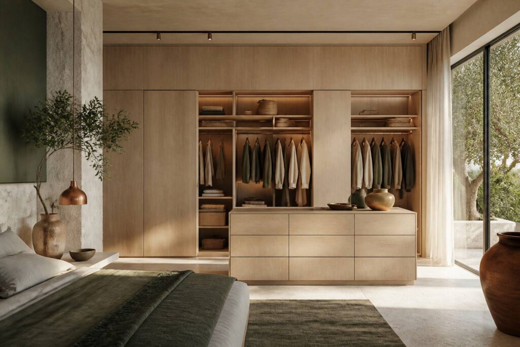 Dressing sur mesure en bois clair avec penderie et îlot central