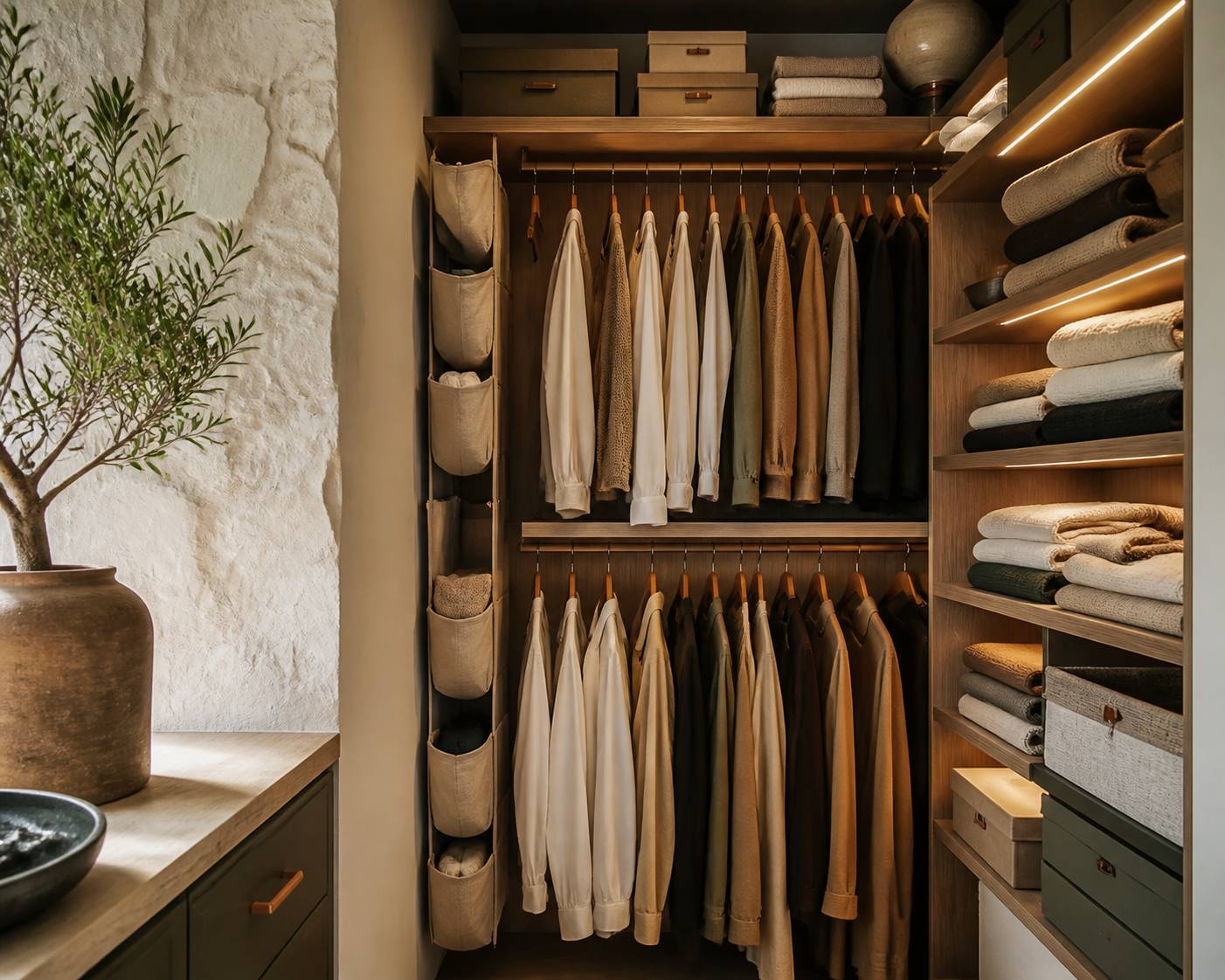Étagères de dressing avec linge plié et un mètre ruban mesurant la profondeur