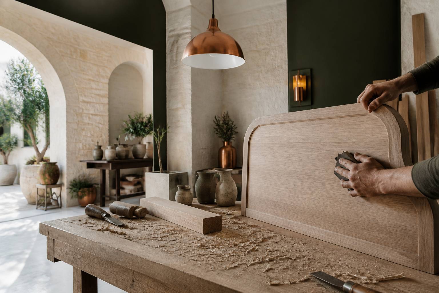Mains d'artisan ponçant une tête de lit en bois dans un atelier