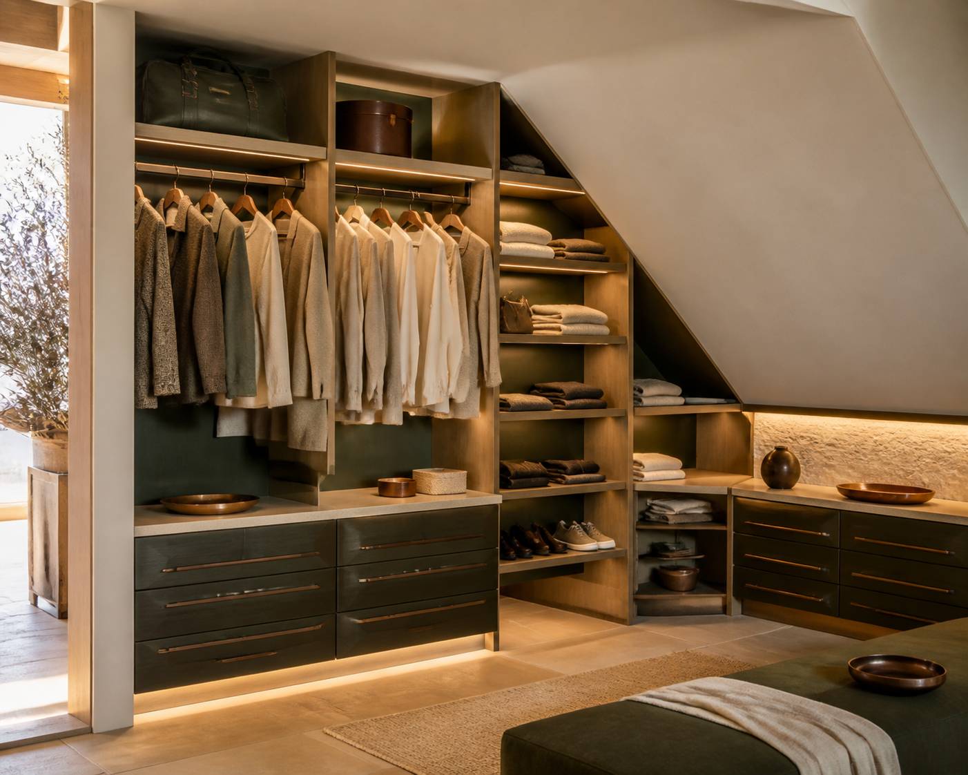 Intérieur de dressing d'angle avec étagères en quart de cercle et chaussures rangées