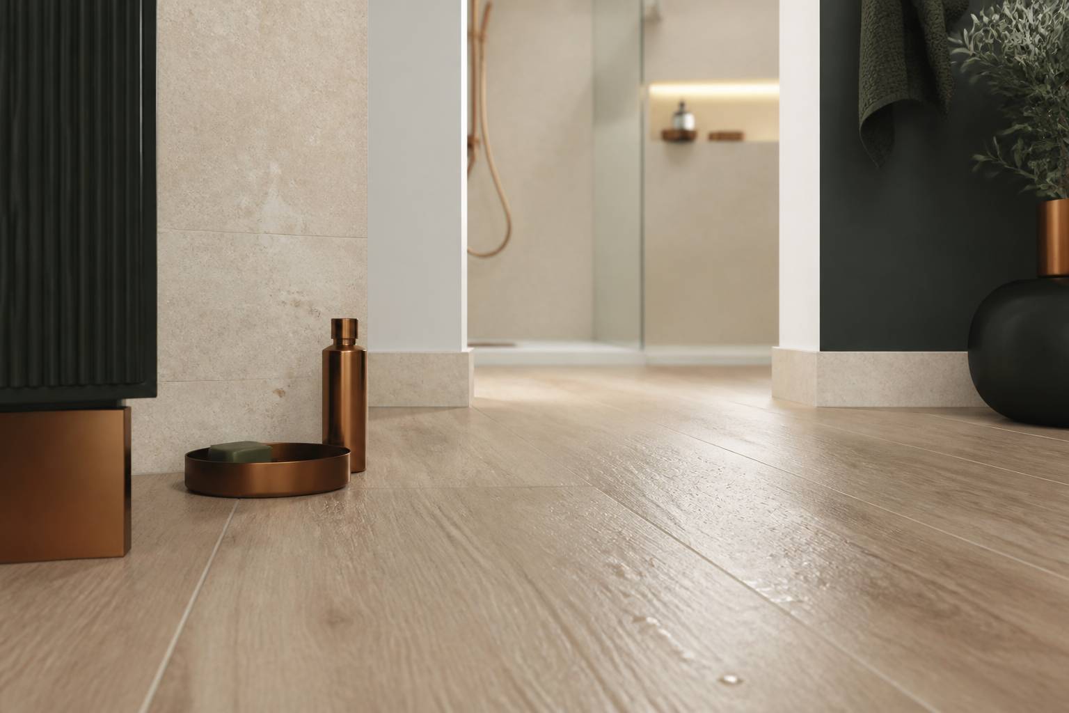 Lames de carrelage imitation bois avec veines réalistes et joints fins