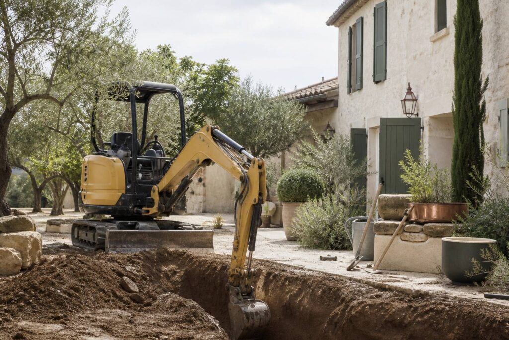 Mini-pelle compacte sur un chantier de jardin avec tranchée