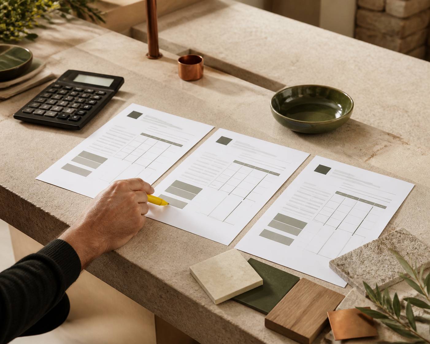 Main tenant un stylo au-dessus d'un devis avec plan coté et mètre ruban