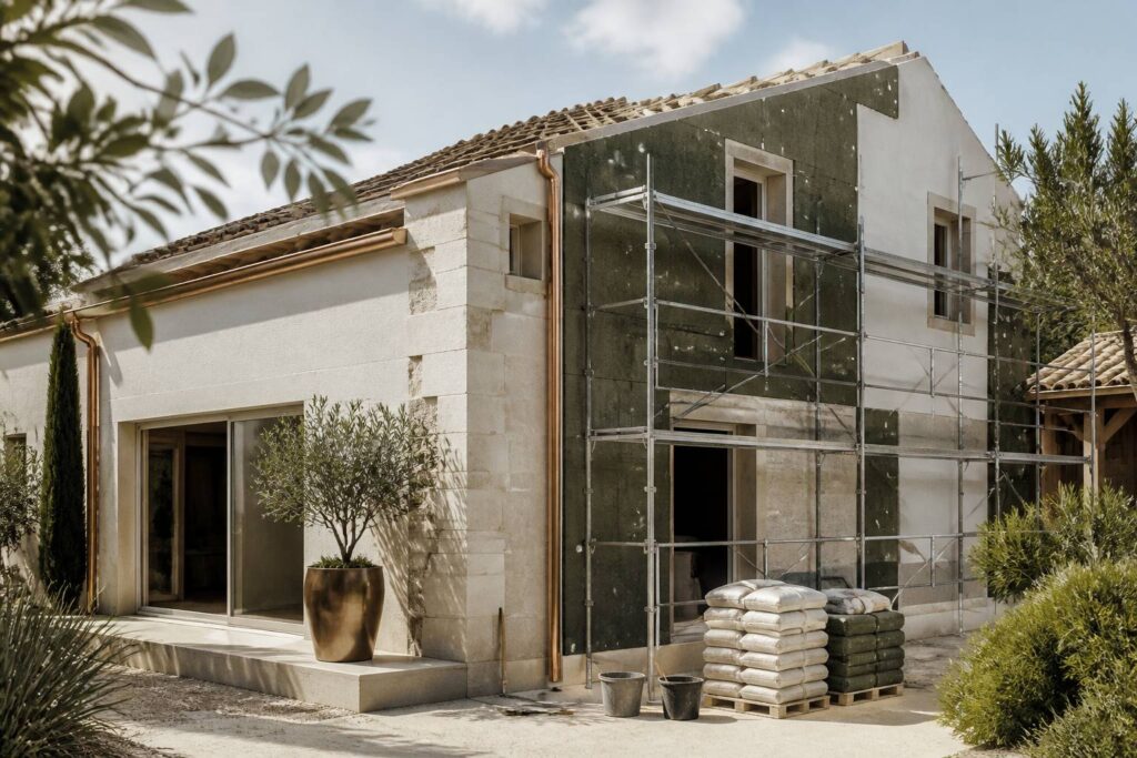 Maison individuelle en rénovation énergétique avec échafaudage et isolant apparent