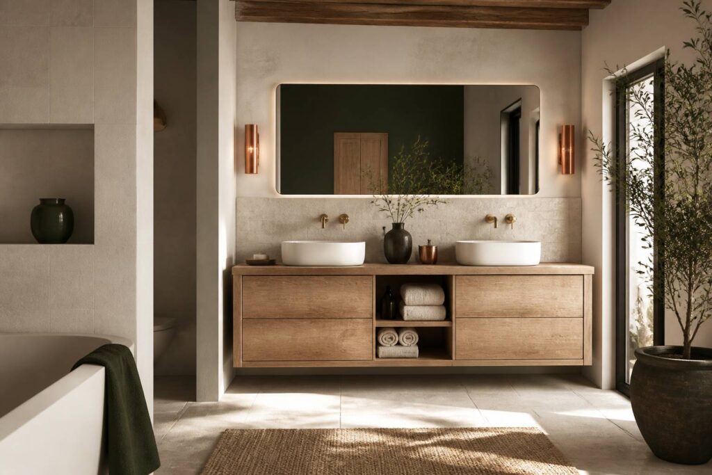 Meuble sous vasque en bois massif avec vasque céramique et miroir rond