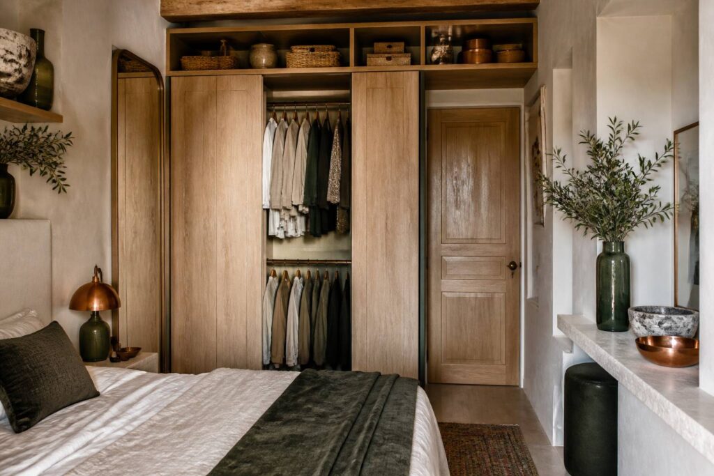 Petit dressing avec penderie double et étagères hautes dans une chambre étroite