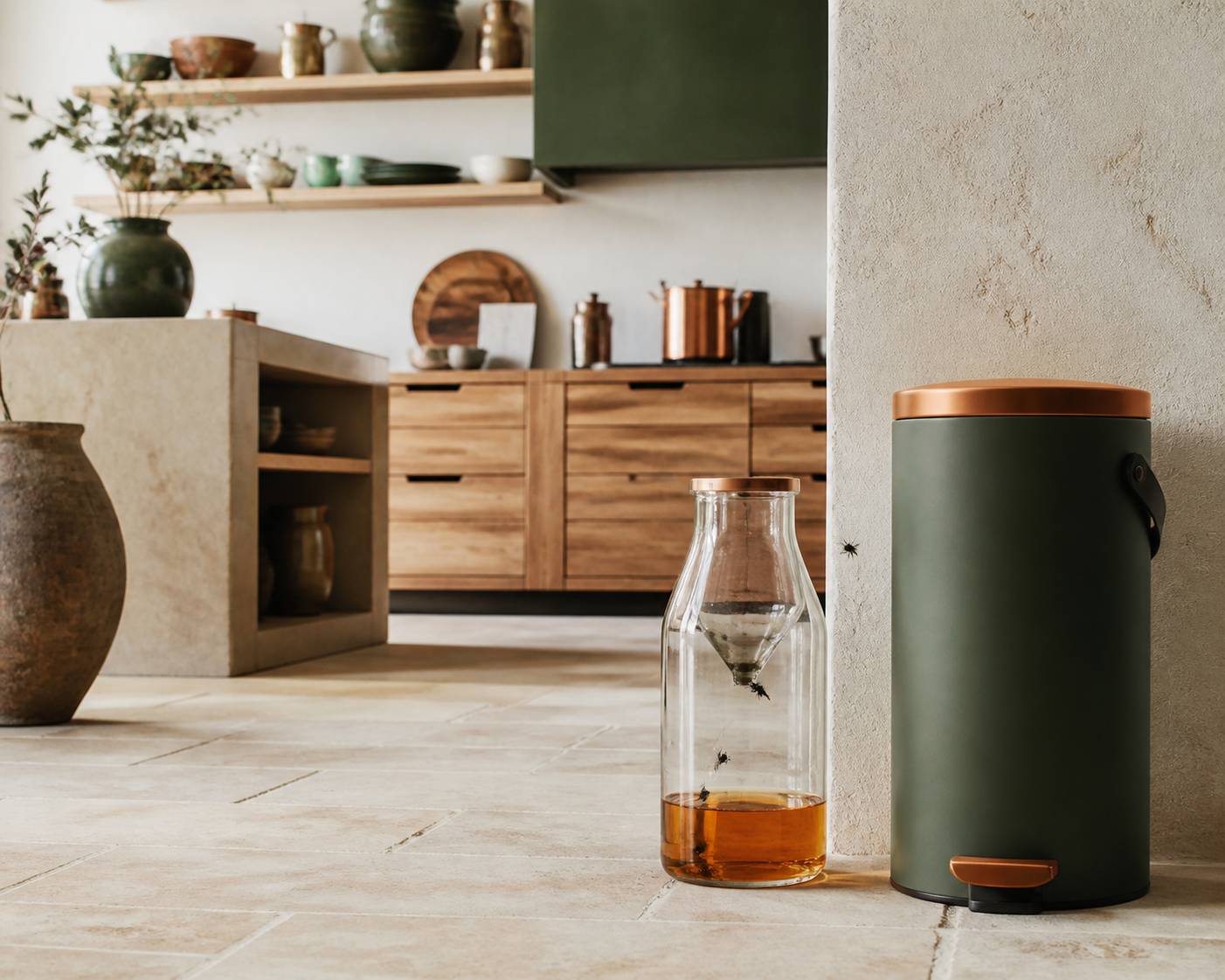 Bouteille en verre transformée en piège à moucherons près d'une poubelle design