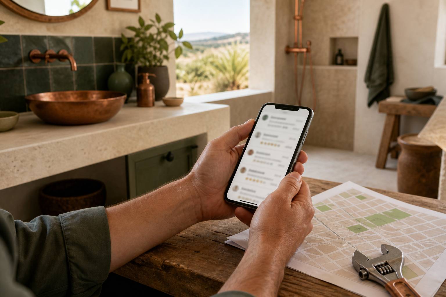 Mains tenant un smartphone avec avis flous et clé à molette