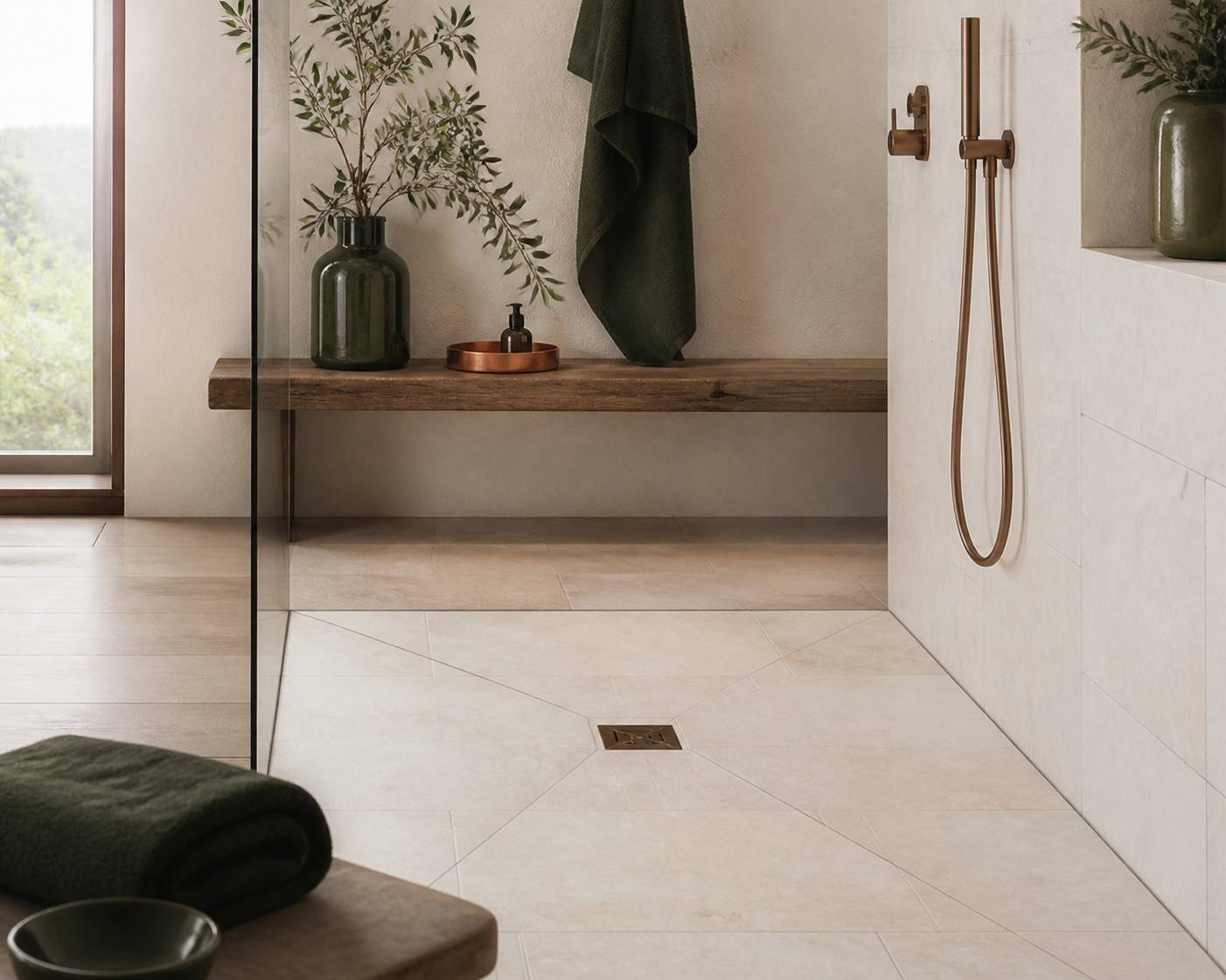 Pommeau de douche en laiton diffusant de l'eau sur un receveur en pierre claire