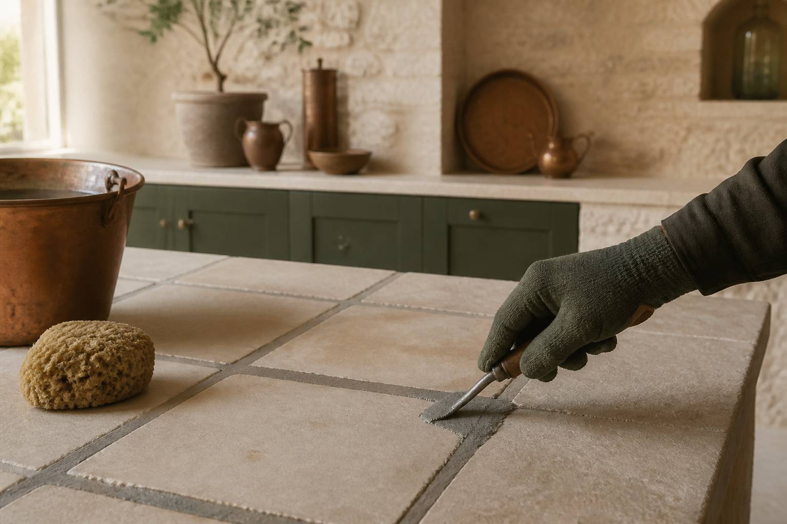 Main gantée appliquant du coulis dans les joints d'un carrelage avec une truelle