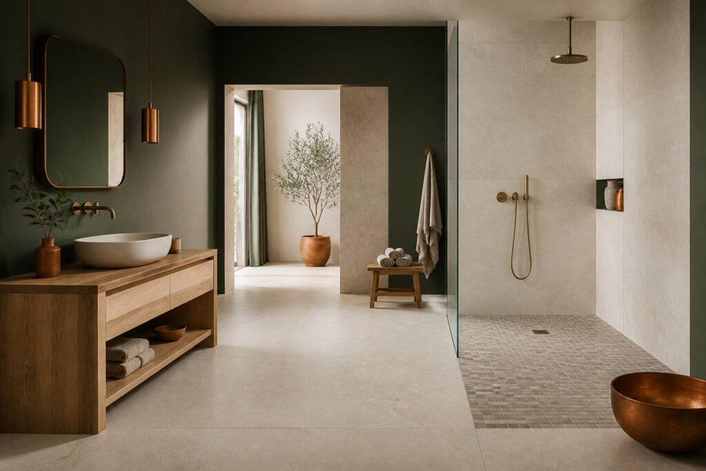 Salle de bain avec sol en grand format clair et douche en mosaïque de petits carreaux
