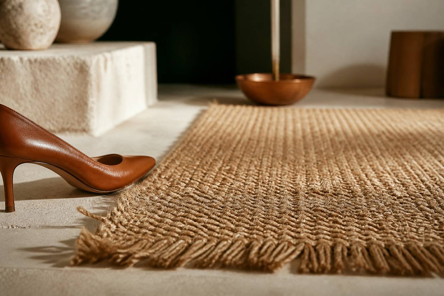 Texture tressée d'un tapis en sisal avec une frange et un escarpin en cuir