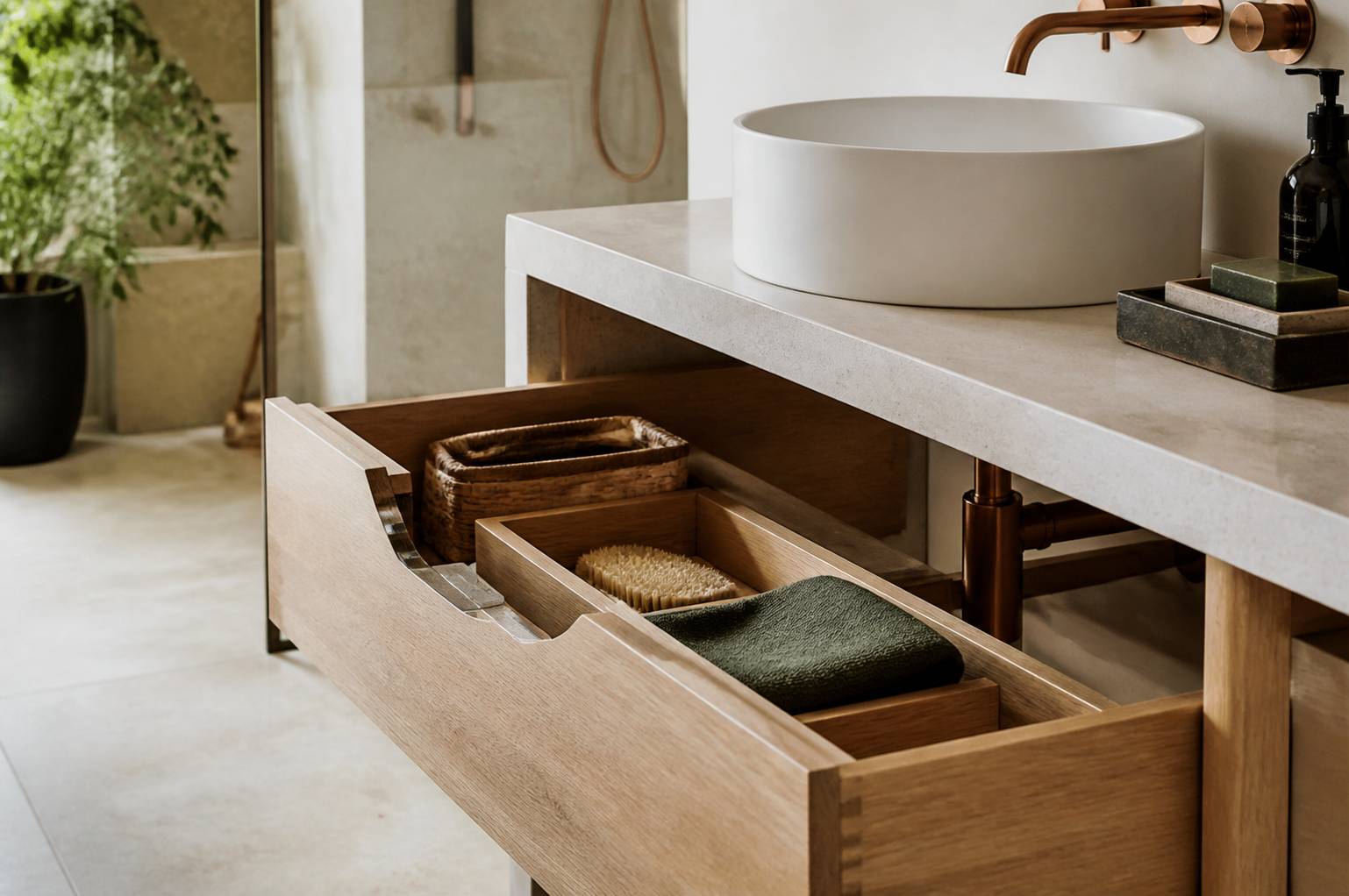 Tiroir de meuble sous lavabo ouvert avec produits de rangement