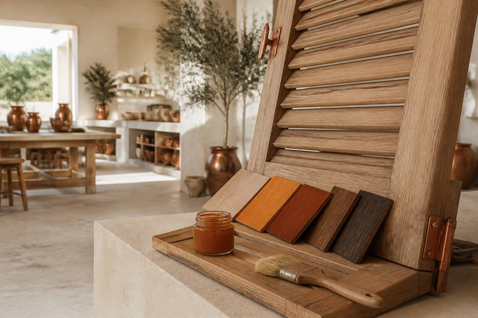 Volet en bois ouvert avec échantillons de lasures, pinceau et pot de lasure dans un atelier lumineux