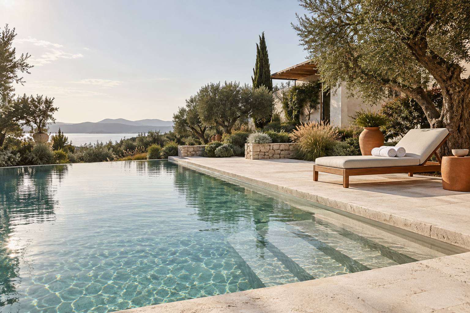 Margelle en pierre claire et plantes méditerranéennes au bord d'une piscine lagon