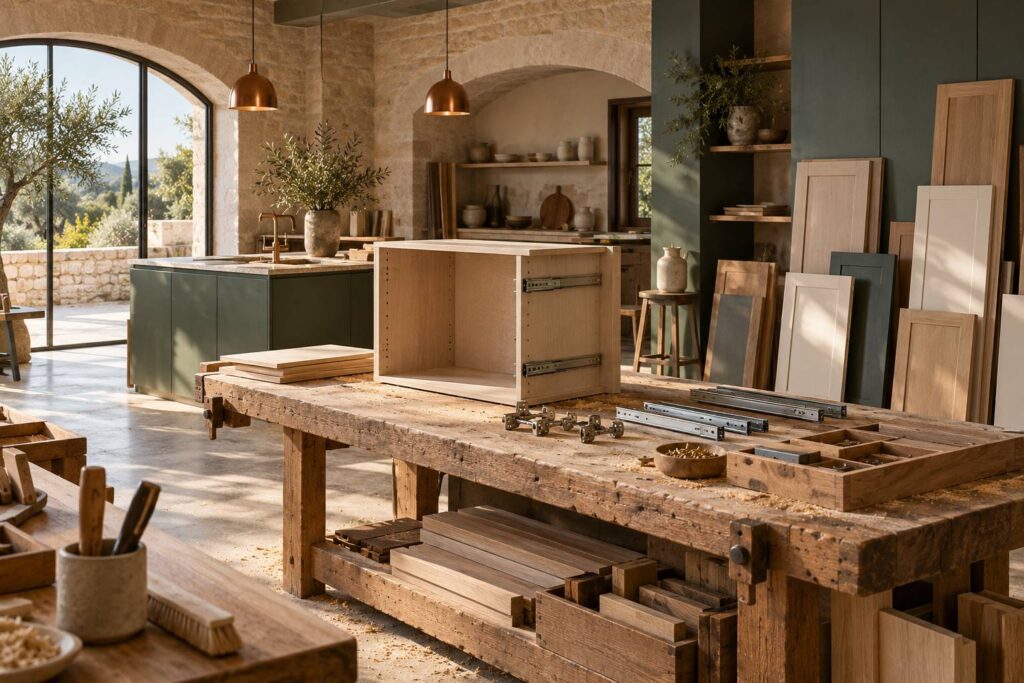 Caisson de cuisine sur un etabli avec charnieres et coulisses