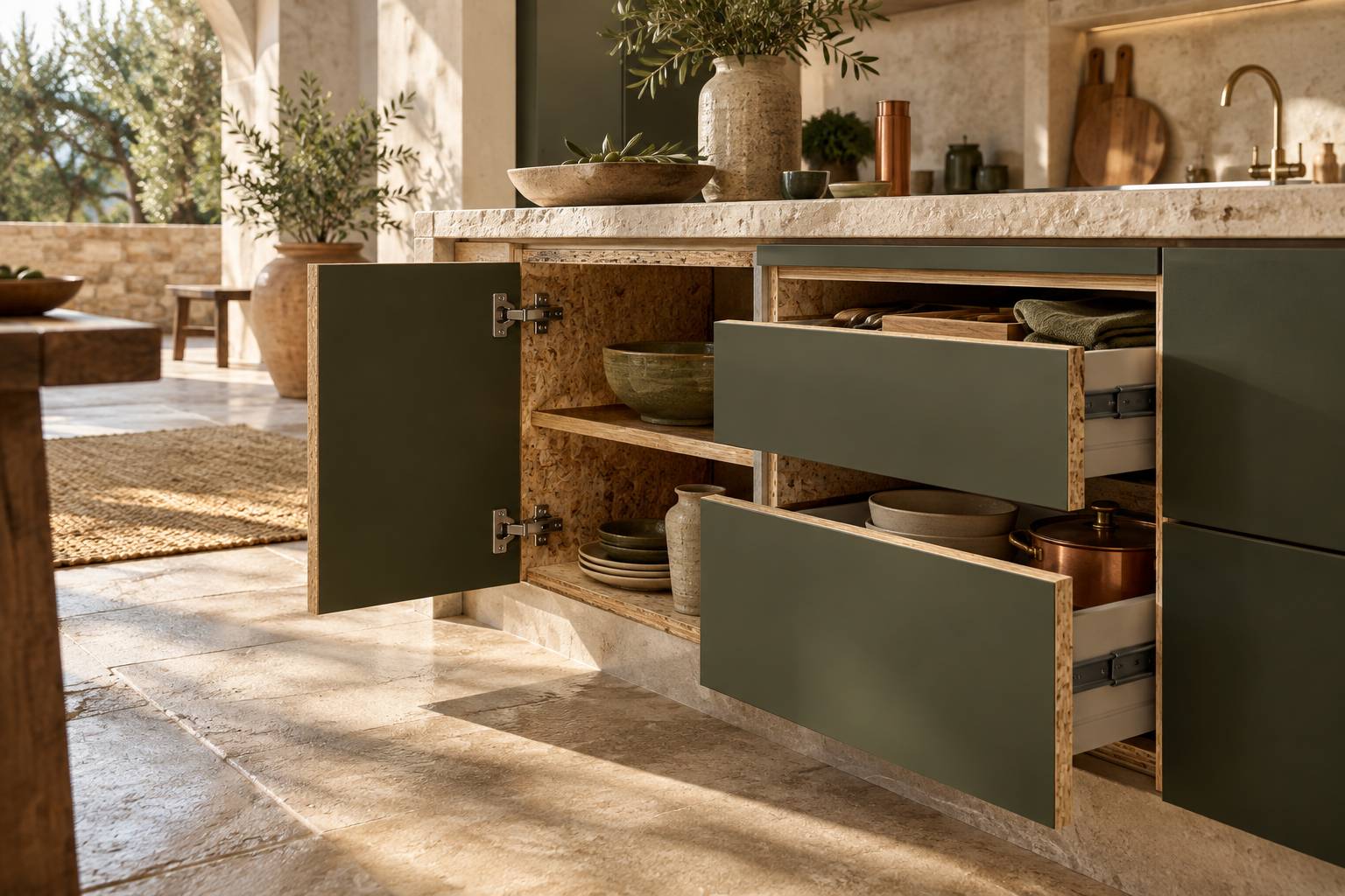 Interieur d'un caisson de cuisine avec coulisses de tiroir