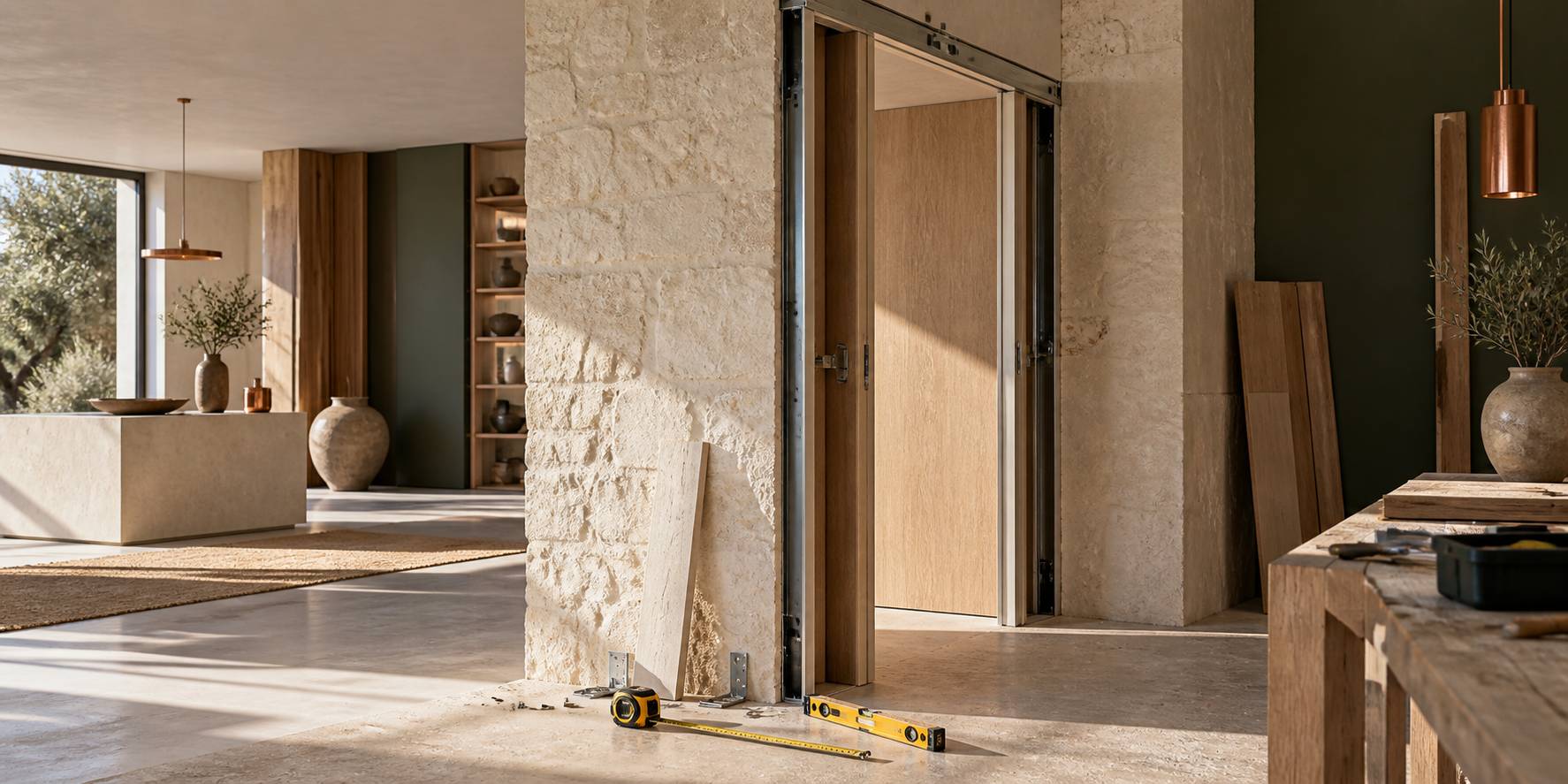 Détail du rail et du châssis d'une porte à galandage en pose