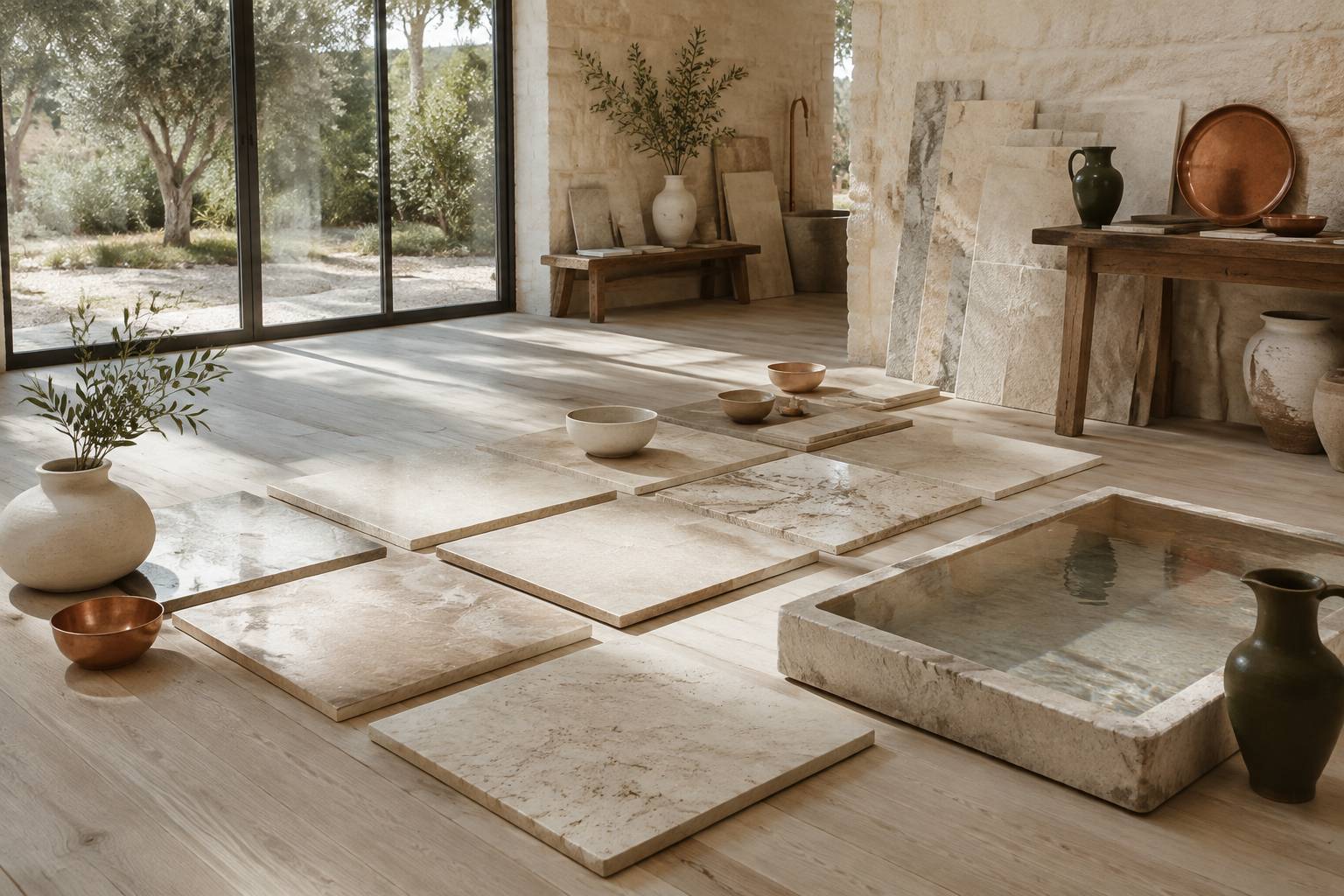 Échantillons de dalles de travertin aux finitions polies et brossées dans un showroom de pierres
