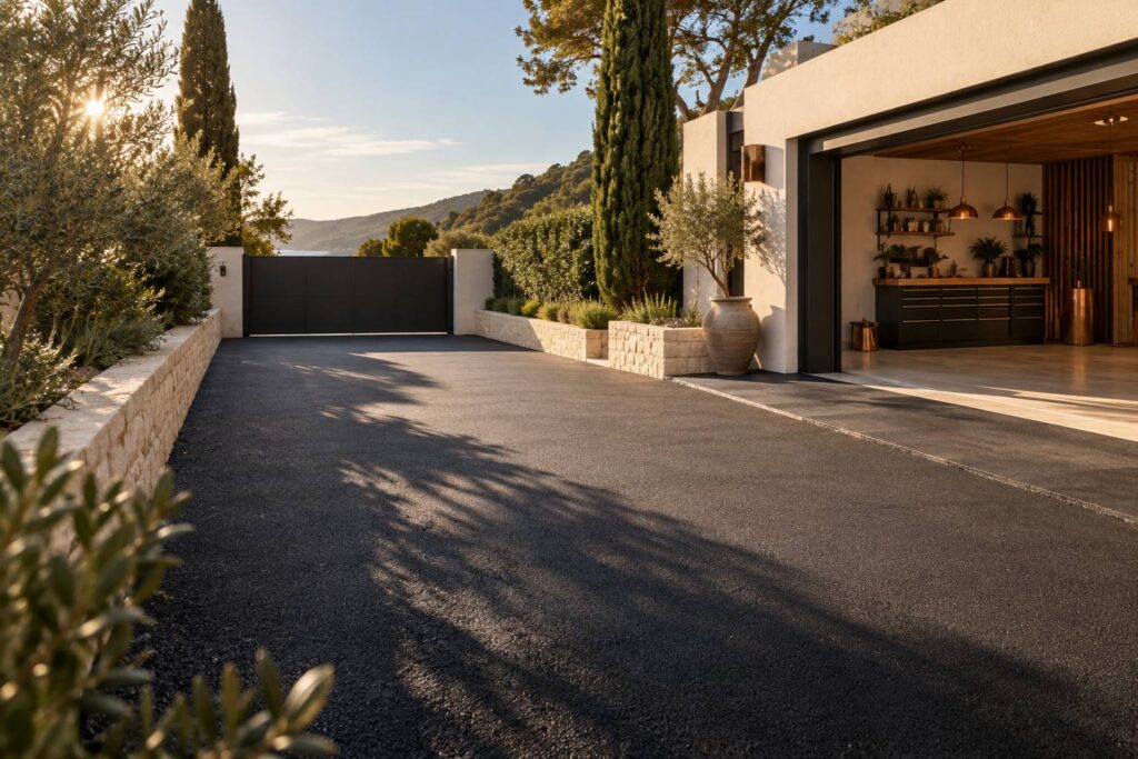 Allée de garage en enrobé noir bordée de pierre calcaire