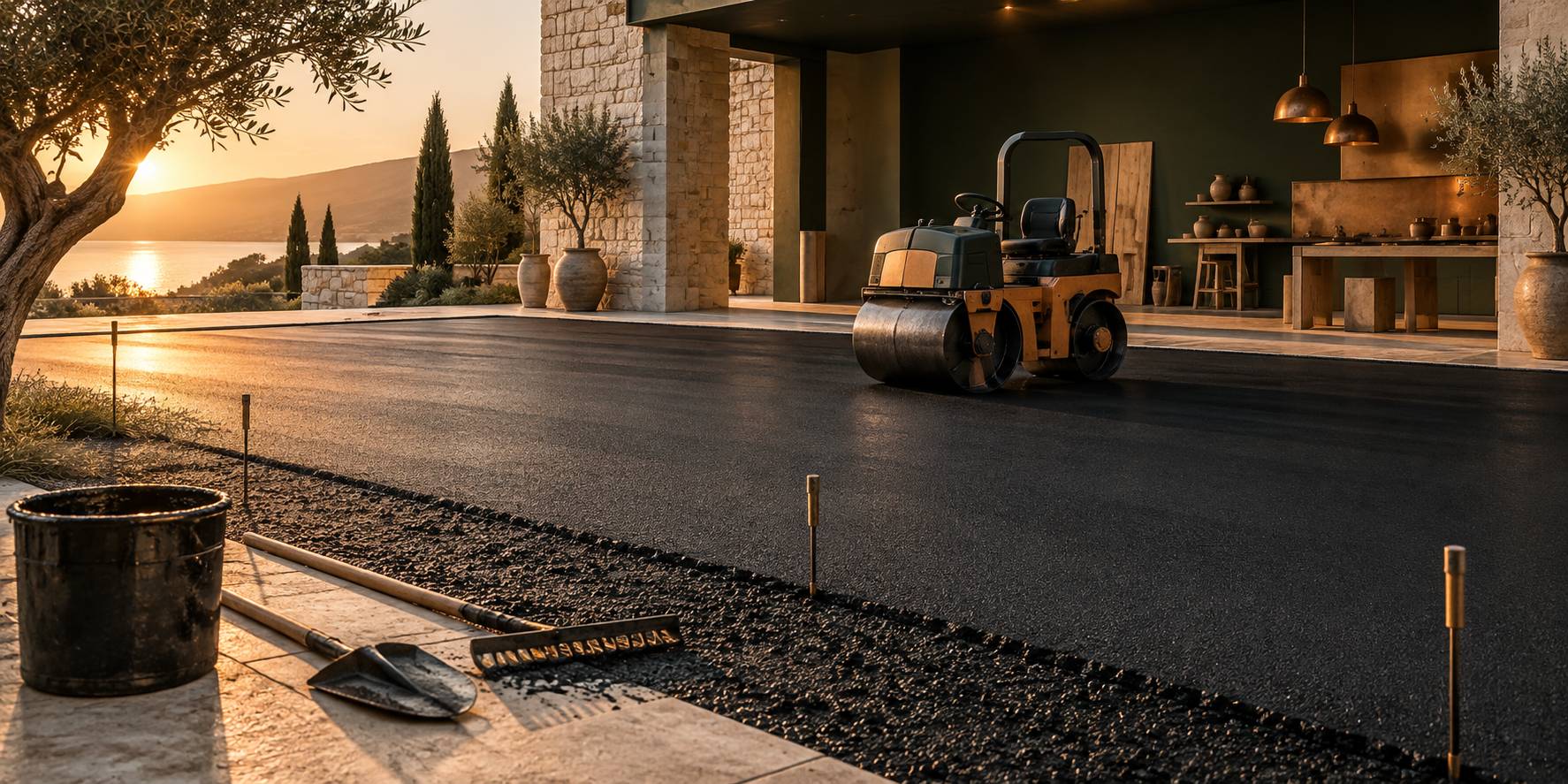 Compacteur et outils sur un chantier d'enrobé à demi terminé