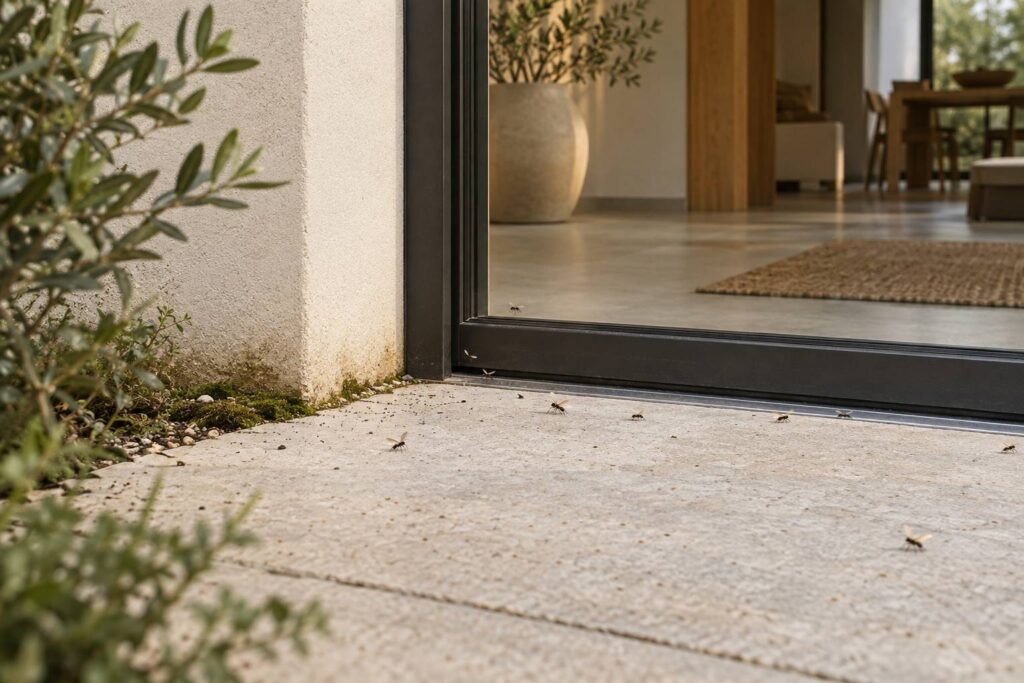 Petits insectes ailés sur une dalle claire près d'une porte de maison