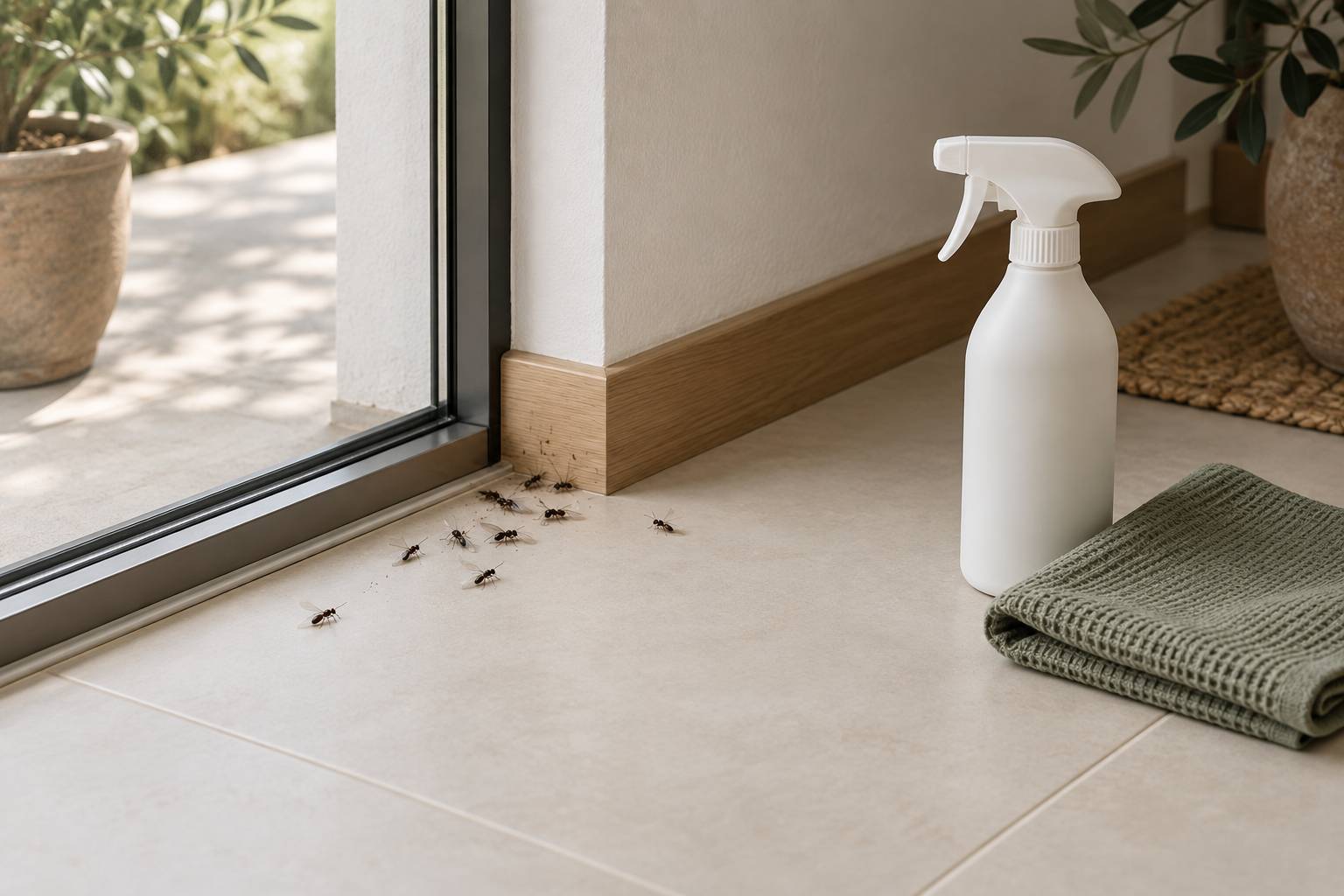 Fourmis ailées sur un carrelage clair au pied d'une porte vitrée