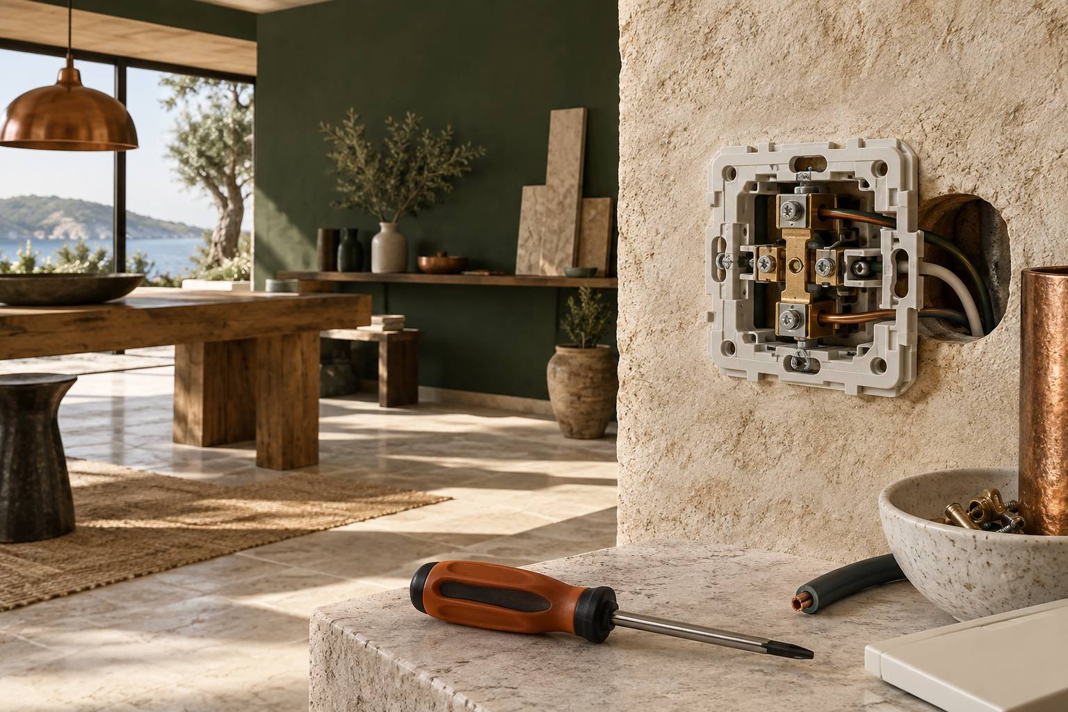 Mécanisme de bouton poussoir ouvert montrant contacts et fils connectés
