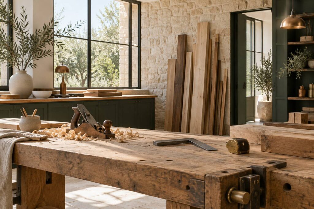 Atelier clair de menuiserie avec établi, rabot et chutes de bois