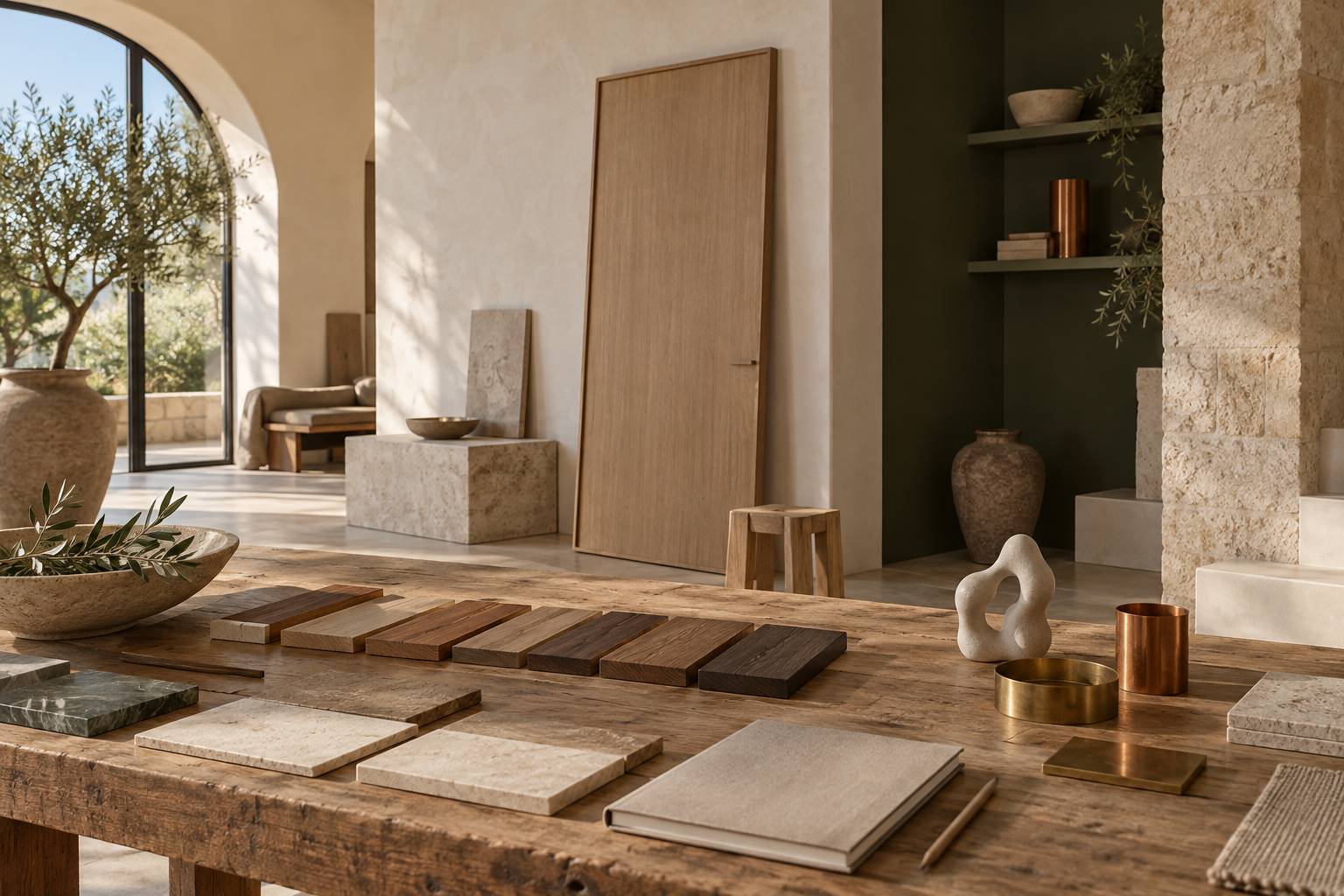 Table d'échantillons de bois avec porte posée contre un mur d'atelier
