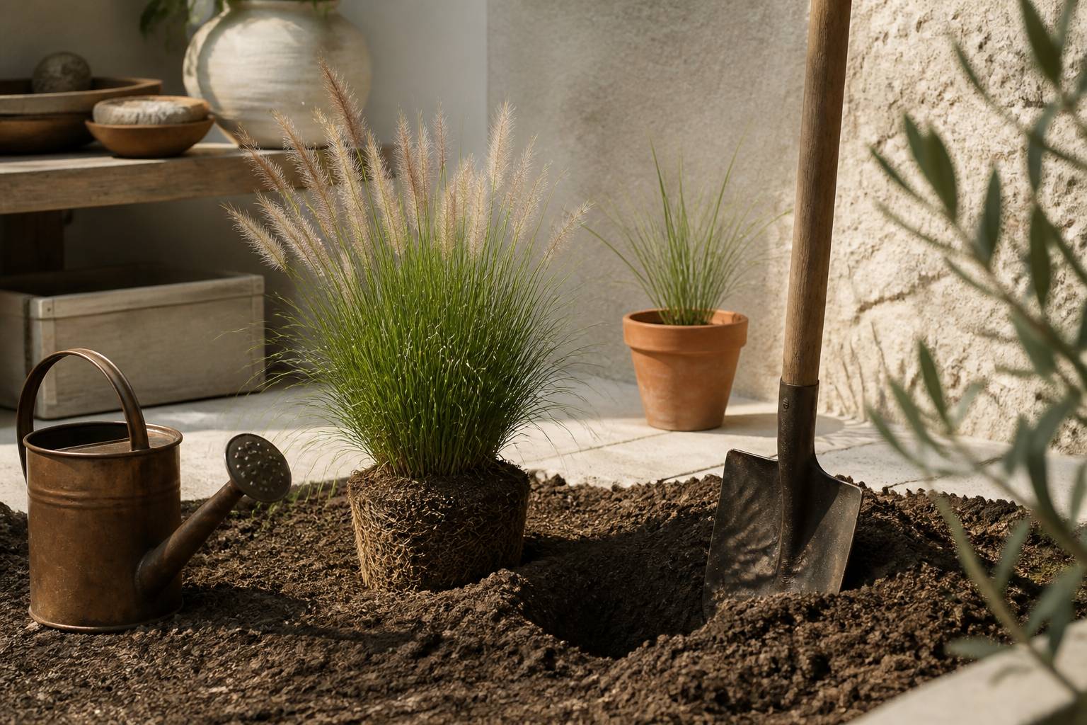 Touffe de Pennisetum prête à planter près d'un trou dans la terre