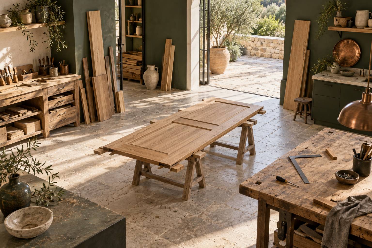 Vantail de porte en cours de pose avec outils sur un etabli d'atelier
