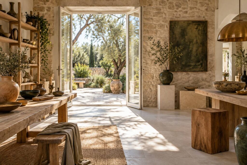 Porte-fenetre a cadre clair ouverte sur un jardin mediterraneen