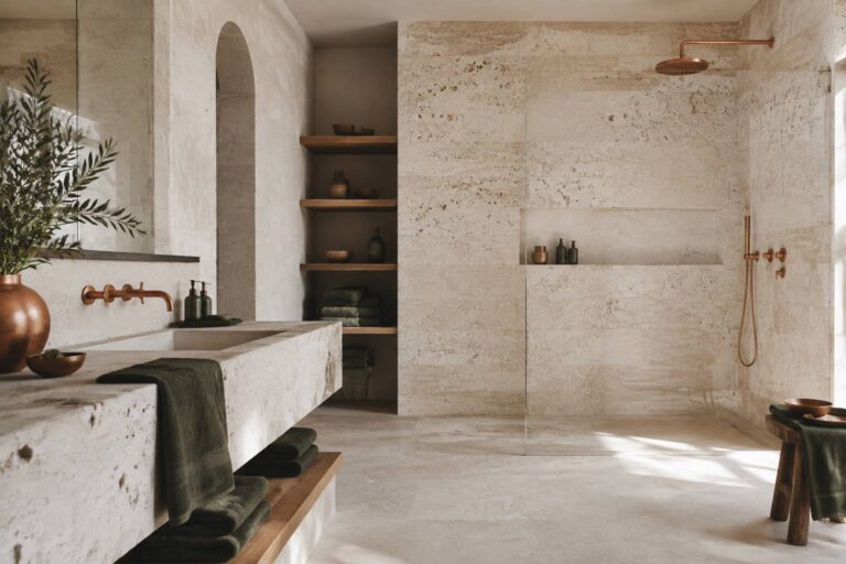 Salle de bain en travertin : prix, entretien et style