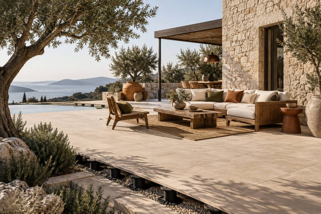 Terrasse extérieure en dalles de grès cérame posée sur plots
