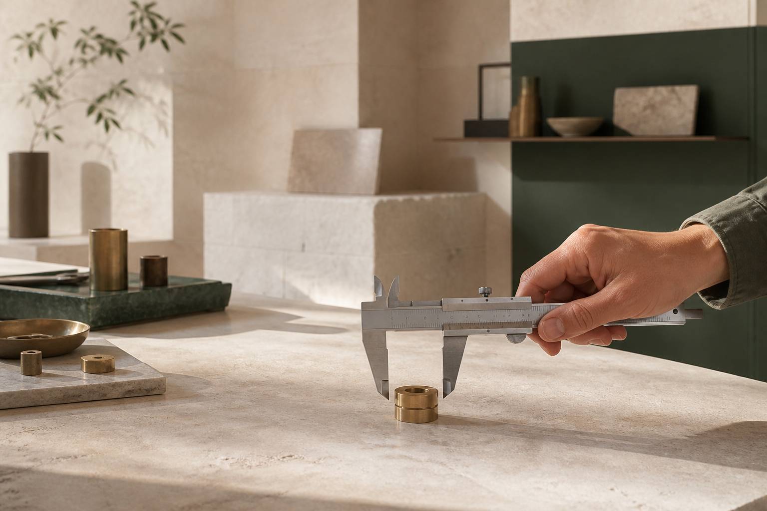 Main réglant le vernier d'un pied à coulisse sur une pièce métallique